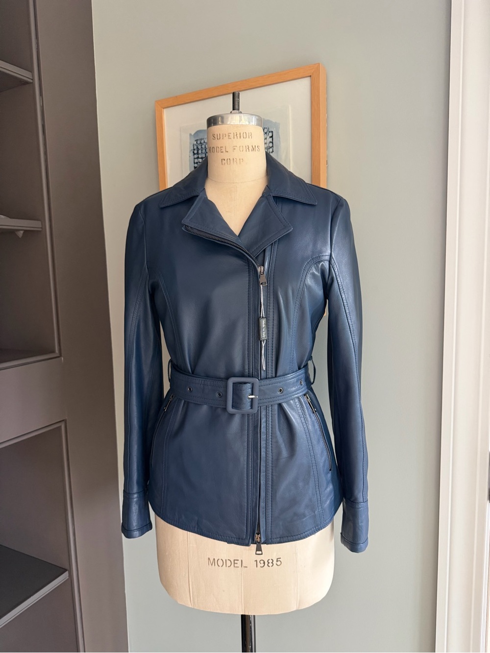 Classic Women's Navy Leather Belted Jacket